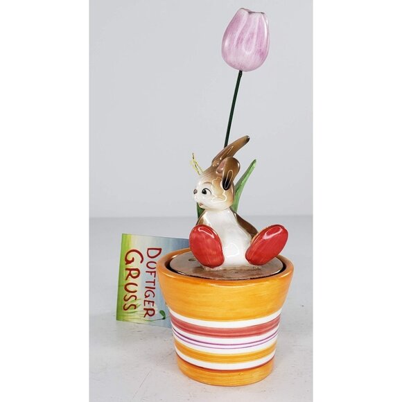 German Goebel Fragrant Greeting Flower Pot Figurine Rabbit Orange Floral Incense - Picture 2 of 9